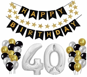 40 Geburtstag Dekoration Set, Deko Geburtstag, Geburtstagsdeko, Happy Birthday Dekoration. Zahlen Luftballons Silber XXL + 24 Große Geperlte Ballons + 1 Happy Birthday Banner (40) - 1