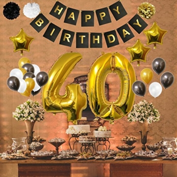 BELLE VOUS Luftballons Happy Birthday Banner Party Zubehör Set & Dekorationen Folienballons Geburtstag - Gold, Weiß & Schwarz Latex-Ballon-Dekoration - Dekor für alle Erwachsenen geeignet (Age 40) - 2