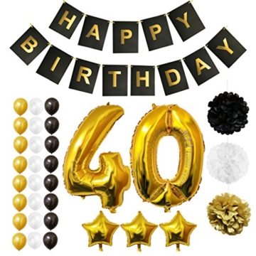 BELLE VOUS Luftballons Happy Birthday Banner Party Zubehör Set & Dekorationen Folienballons Geburtstag - Gold, Weiß & Schwarz Latex-Ballon-Dekoration - Dekor für alle Erwachsenen geeignet (Age 40) - 1