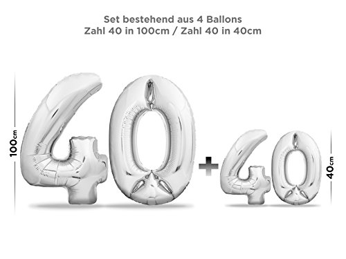 Luftballons 40 Geburtstag XXL Silber - Riesen Folienballon in 2 Größen 40" & 16" | Set XXL 101cm + Mini 40cm Version Geburtstagsdeko | Insgesamt Vier Zahlen | Ideal zum 40. Geburtstag als Deko - 2
