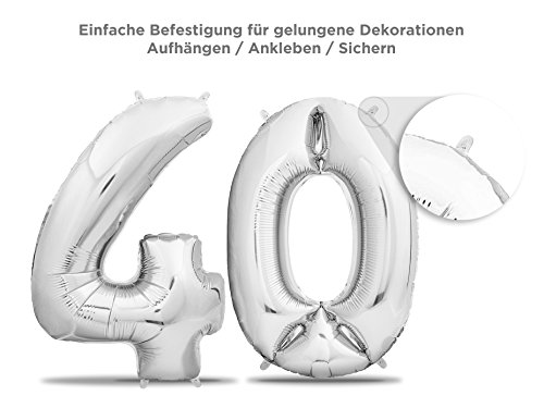 Luftballons 40 Geburtstag XXL Silber - Riesen Folienballon in 2 Größen 40" & 16" | Set XXL 101cm + Mini 40cm Version Geburtstagsdeko | Insgesamt Vier Zahlen | Ideal zum 40. Geburtstag als Deko - 3