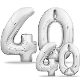 Luftballons 40 Geburtstag XXL Silber - Riesen Folienballon in 2 Größen 40" & 16" | Set XXL 101cm + Mini 40cm Version Geburtstagsdeko | Insgesamt Vier Zahlen | Ideal zum 40. Geburtstag als Deko - 1